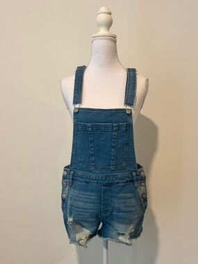 Scoop Distressed Denim Shortalls Women Size 4 Blue Raw Hem Bib Overalls